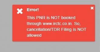 Error This PNR is NOT booked through [url]www.irctc.co.in[/url]. So, cancellation/TDR Filing is NOT allowed